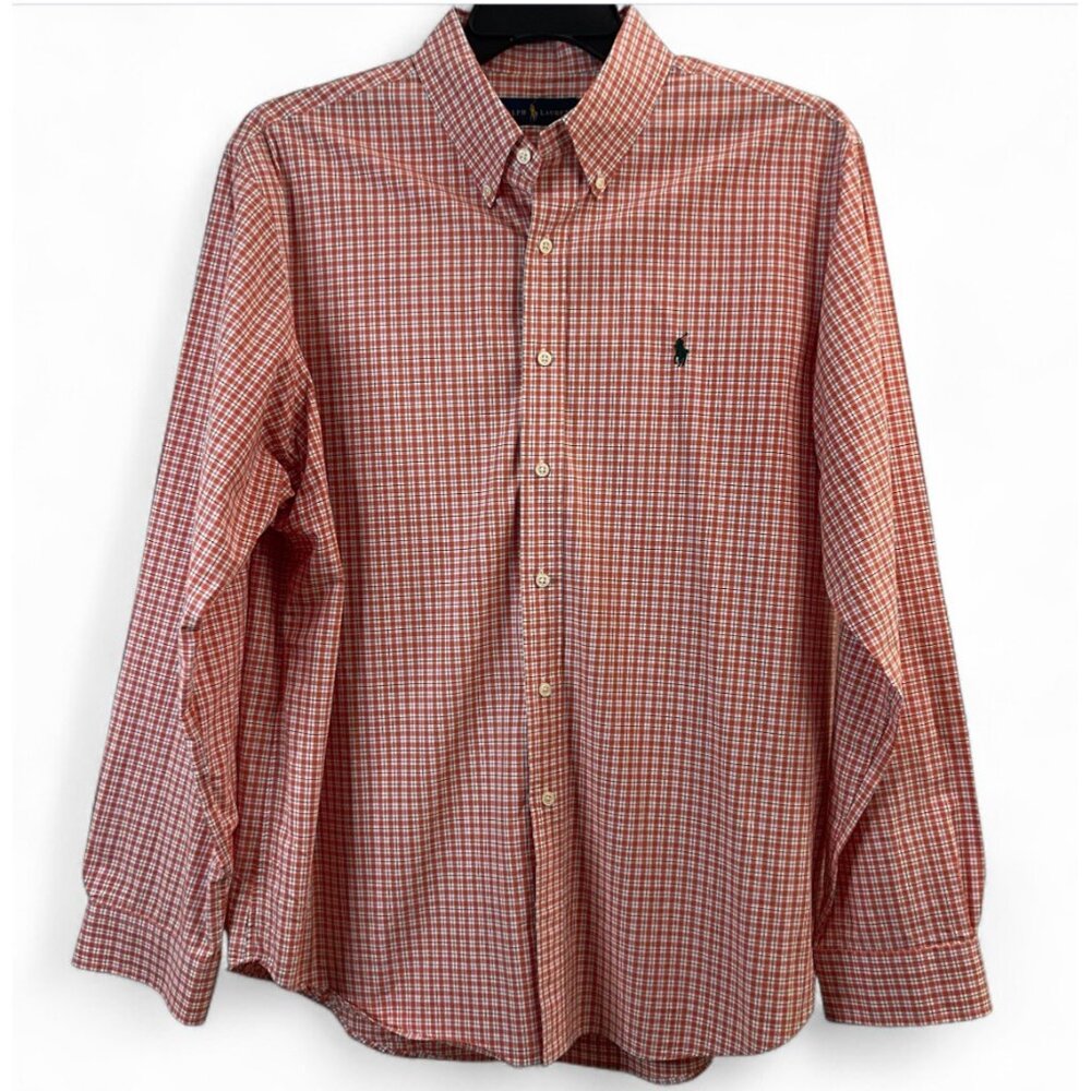 Ralph Lauren Men's Orange/White Plaid Cotton Button-Down Shirt with Logo, XL